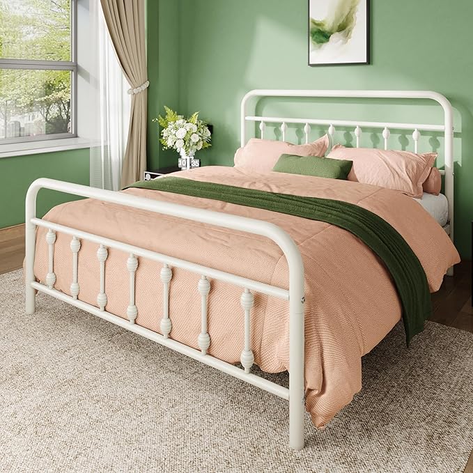 Allewie 14 Inches Queen Size Metal Platform Bed Frame with Victorian Style Iron-Art Headboard/Footboard, Mattress Foundation, Easy Assembly, Under Bed Storage, No Box Spring Required, Off White