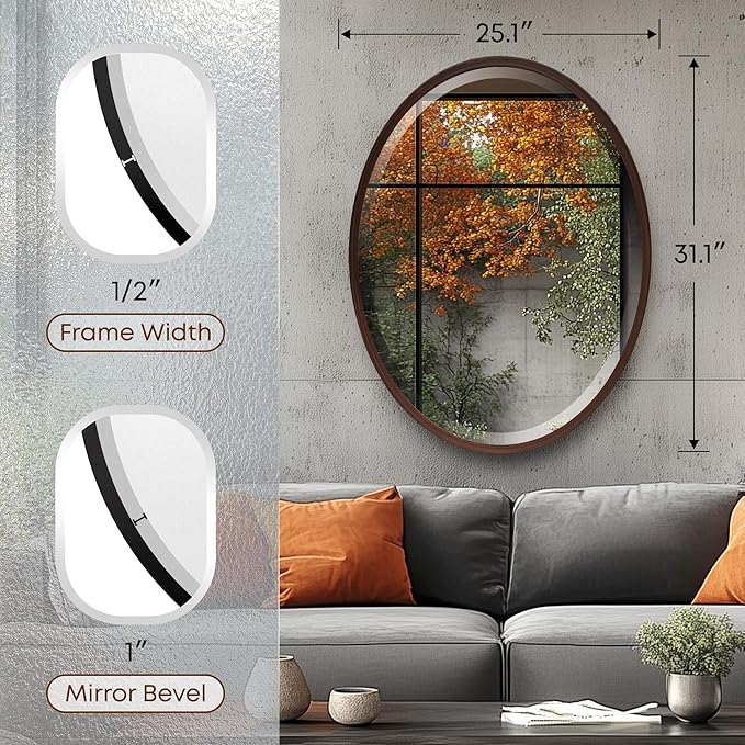 OVALCREST - Oval Wooden Beveled Wall Mirror for Home Decor, Bathroom, Vanity, Bedroom, Living Room, Hallway - London Style (Black Walnut) 25.1 x 31.1