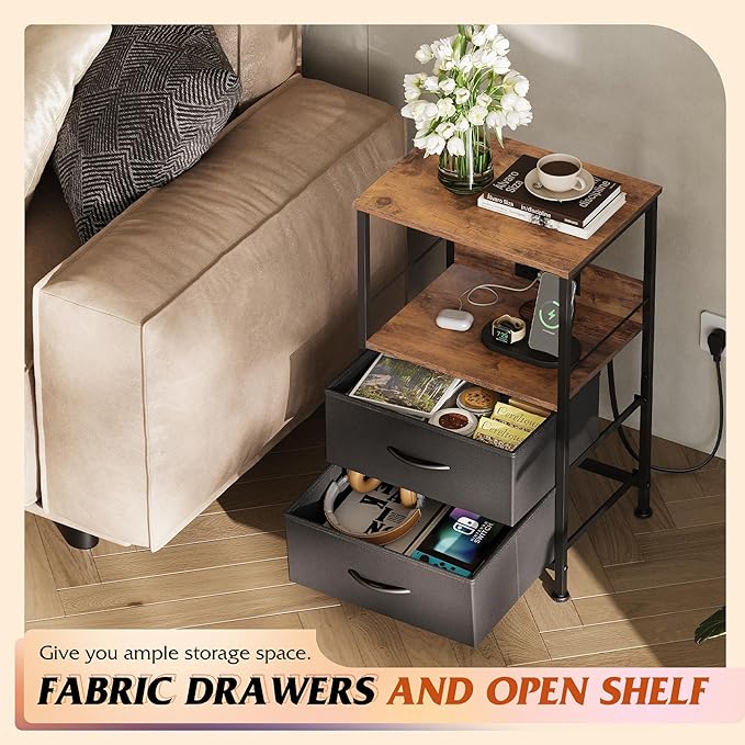 WLIVE Nightstand with Charging Station, LED Night Stand with 2 Fabric Drawers and Open Shelf, Small Dresser for Small Spaces, Side End Tables for Bedroom, Rustic Brown and Black