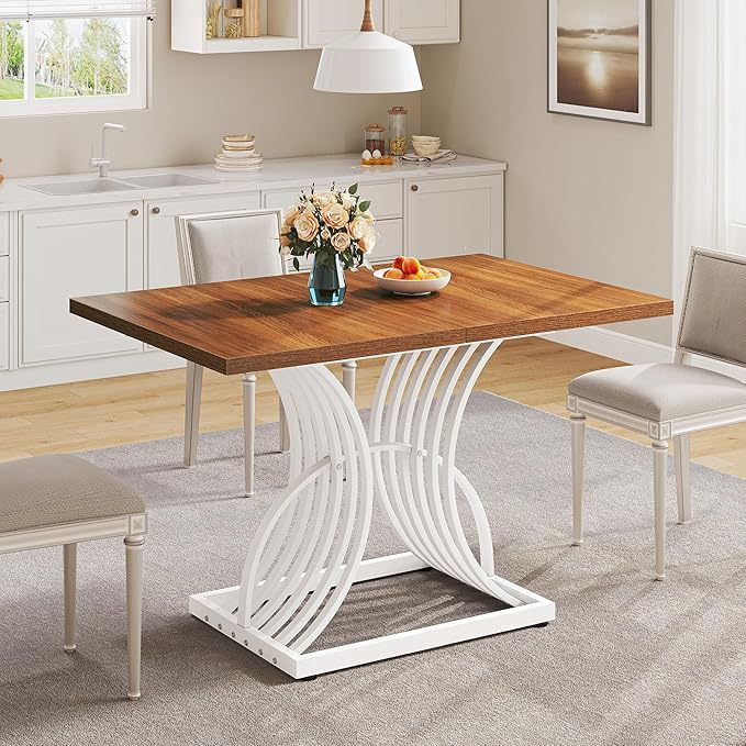 DWVO Modern Dining Table for 4 People 47 Inch Rectangular Kitchen Table with Walnut Tabletop and White Geometric Legs Small Dinner Table Kitchen & Dining Room Furniture Brown
