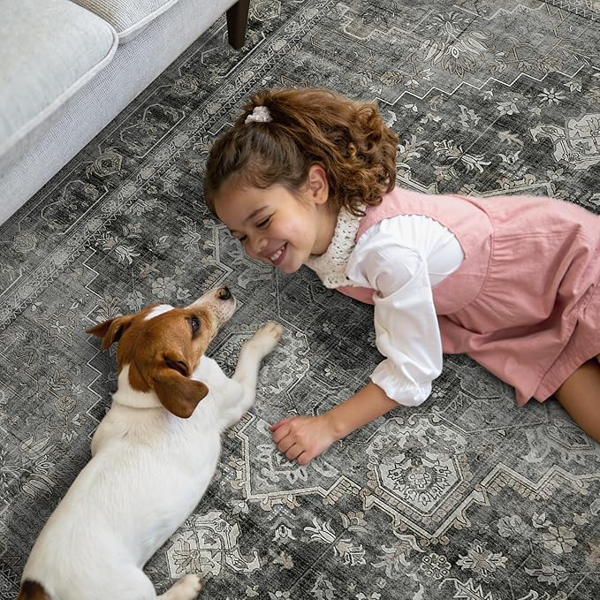 GENIMO 2x10 Runner Rugs for Hallway, Machine Washable Non Slip Vintage Rugs, Low Pile Lightweight Soft Print Rug for enrtyway, Corridor, Home Office, Kitchen, Charcoal Gray