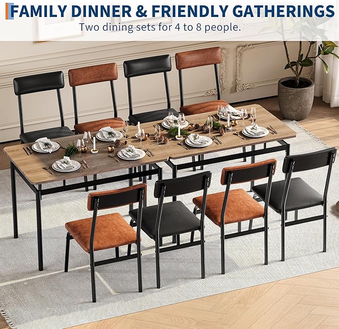 5 Piece Dining Room Table Set, Kitchen Table Set for 4 with Brown Wooden Grain Kitchen Table and 4 PU Upholstered Metal Chairs, Dining Room Set for Small Space,Home Dinner(2 Black & 2 Brown Chairs )