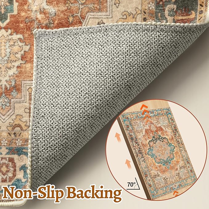 2x6 Washable Runner Rug for Hallways, Non Slip Vintage Rug, Soft Low Pile Long Print Distressed Carpet Runners for Kitchen Bedroom Entryway Bathroom Living Room Rusty Orange