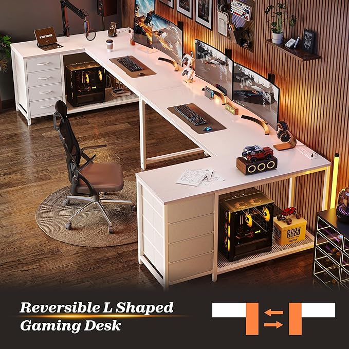 PRAISUN 61" L Shaped Desk with Power Outlets and USB-C Port, Reversible Computer Corner Office Desk with 4 Fabric Drawers and 2 Height-Adjustable Shelves, Large for Gaming Writing Work Study, White