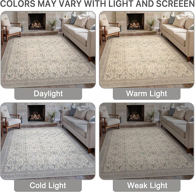 8X10 Area Rugs Machine Washable Rugs for Living Room, Vintage Boho Large Rugs for Bedroom Dining Room, Non Slip Indoor Soft Distressed Lightweight Thin Low Pile Carpet, Cream