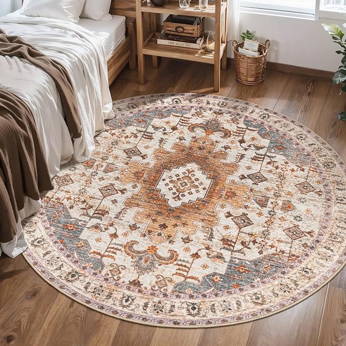 Tangsoo Vintage Round Rug 6ft, Washable Circle Rug, Non Slip Boho Round Area Rug,Low Pile Circular Rugs,Large Round Rugs Carpet for Livingroom,Bedroom,Nursery,Dorm,Office,Turmeric