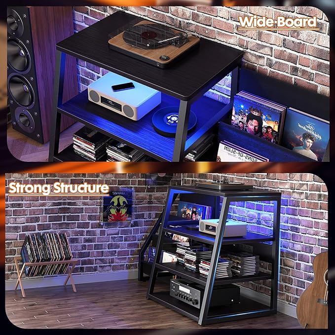 AV Media Stand with Outlets, Stereo Stands and Racks with Vinyl Storage, Stereo Stand with Record Storage, Audio Stereo Rack Cabinet, Turntable Console Stand with LED lights, 4 Tiers, Black Ebony