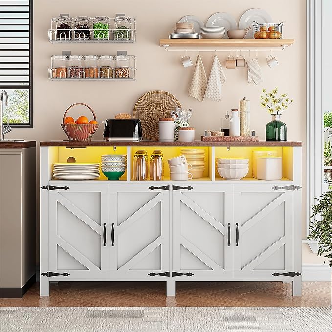 Buffet Sideboard with Storage with Power Outlets & LED Light 4 Doors, 55'' Large Farmhouse Kitchen Storage Cabinet Wood Coffee Bar Cabinet Buffet Table for Kitchen, Dining Room, Entryway