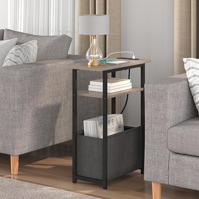 Narrow Side Table with Charging Station, Small End Table for Small Spaces, Skinny Nightstands with Storage Basket, 3 Tier Sofa Couch Bedside Tables for Living Room,Bedroom, Grey
