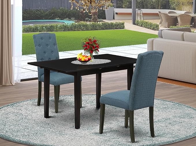 East West Furniture NOCE3-BLK-21 3 Piece Dining Table Set Contains a Rectangle Dining Room Table with Butterfly Leaf and 2 Mineral Blue Linen Fabric Parsons Chairs, 32x54 Inch, Black