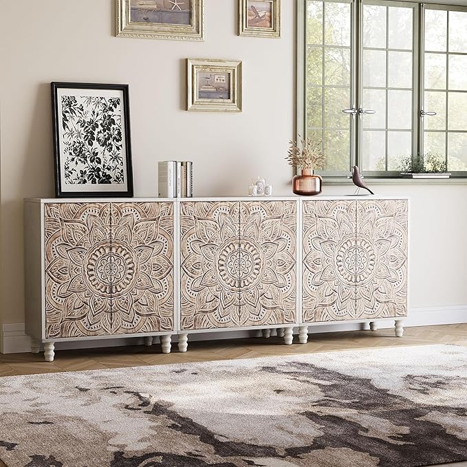 COSIEST Set of 3 32" Accent Storage Cabinets, Vintage Lotus Pattern Sideboards with Push-to-Open Doors, Carved Wood Buffet Table for Entryway, Kitchen, Living Room, Gray