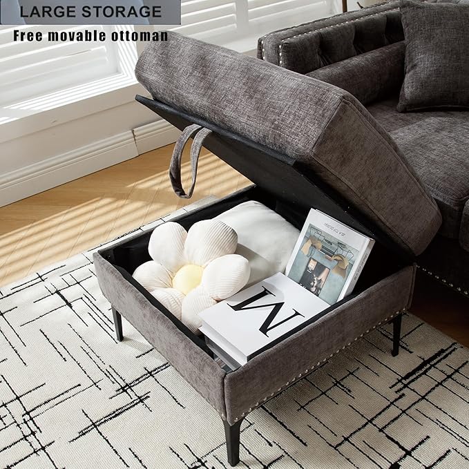 Ball & Cast 85" L Shaped Sectional Sofa with Storage Ottoman, Morden 3 Seater Tufted Couch with Nailhead Trim and Metal Legs for Living Room, Apartment, Office, Dark Gray