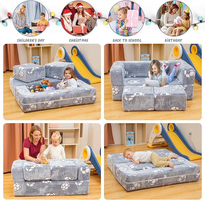 Lamerge Toddler Couch Glow in The Dark Toddler Fold Out Couch for playroom, Convertible Baby Fold Out Play Foam and Floor Cushion for Bedroom (Grey+Football)