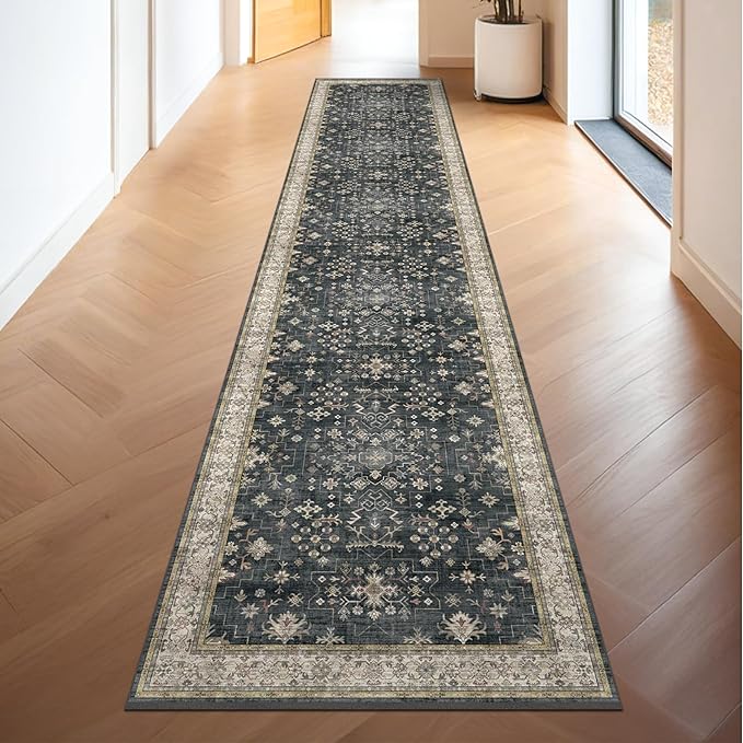 Black Boho Washable 3x10 Extra Long Hallway Runner Rug, Waterproof Large Kitchen Floor Rug Indoor, Non-Slip Stain & Fade Resistant, Vintage Floral Decor