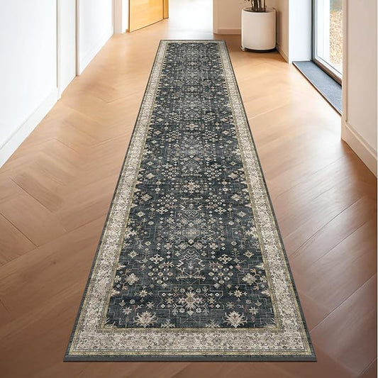 Black Boho Washable 2x10 Hallway Runner Rug - Extra Long Runners for Kitchen, Bathroom, Stair, Non-Slip Floor Carpet Rugs for Large Entryway Indoor, Vintage Multi Ashen Floral Decor