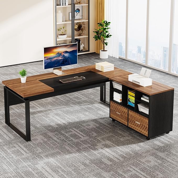 Tribesigns 2-Drawer Wood File Cabinet, Mobile Lateral Filing Cabinet for Hanging Letter Size Files, Printer Stand with Open Storage Shelves for Home Office (Walnut & Black)