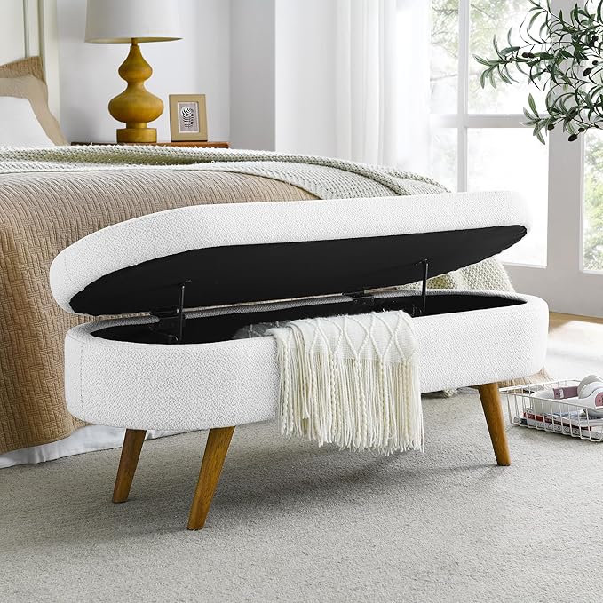 Oval Storage Bench 43.5" Linen Fabric Upholstered Entryway Bench with Solid Wood Legs Ottoman Bench Indoor Bench for Living Room/Bedroom/End of Bed/Entryway (White)