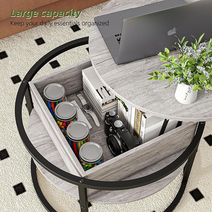 Round Coffee Table with Storage,Lift Top Coffee Table for Living Room Reception Room,2 Tier Small Round Table Dining Center,Grey