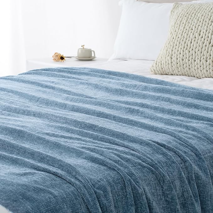 Chenille Throw Blanket for Couch 60"X 80" Twin, Soft Cozy Throws with Fringe Tassel for Bed Sofa Chair Cover, Lightweight Knitted Decorative Boho Blankets for Living Room, Dusty Blue