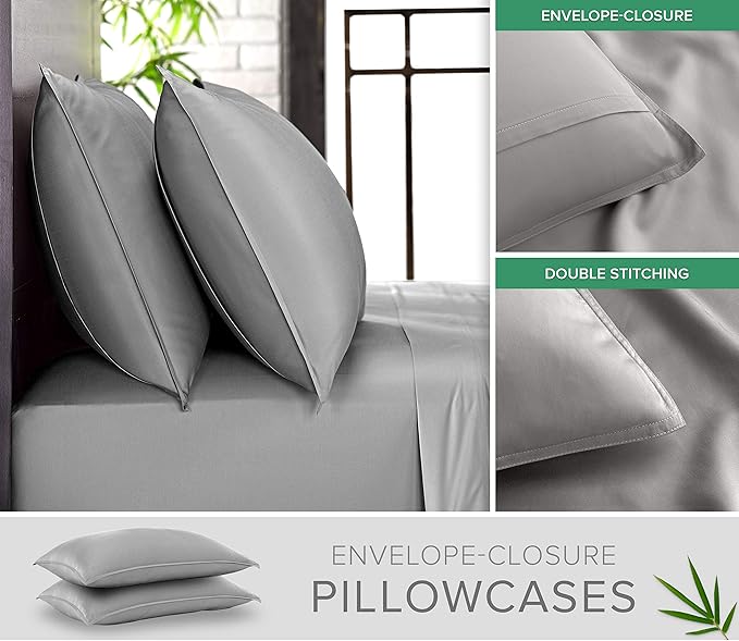 King Sheets by Pure Bamboo, Genuine 100% Organic Viscose Derived from Bamboo Bed Sheet Set, Luxuriously Soft & Cooling, Double Stitching, Lifetime Quality Promise (King, Stone Grey)