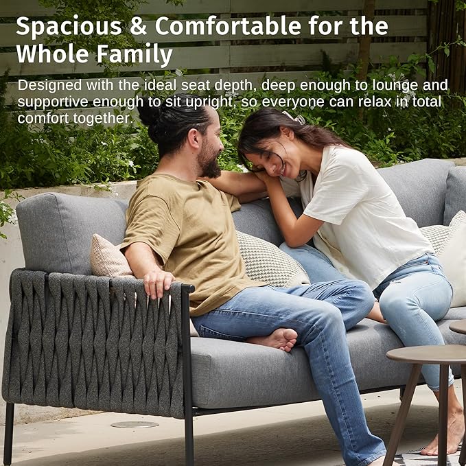EAST OAK Corner Patio Furniture Set | Life Chatter 5-Seat Outdoor Furniture | Deep Seating Corner Sofa with Round Coffee Table | Extra-Thick & Washable Cushions | Misty Grey