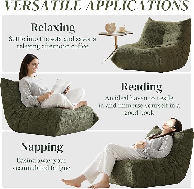Bean Bag Chair, Fireside Chair Bean Bag Sofa for Adults, Bean Bag Chairs for Teens with High-Resilience Foam, Memory Foam & Non-Slip Base Bean Bag for Living Room, Bedroom, Office (Teddy, Green)