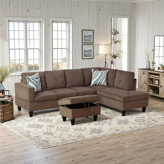 NicBex Sectional Couch 3 Pieces Sofa Set with Left Chaise Corduroy L Shaped Cloud Couch for Living Room Furniture Sets with Storage Ottoman, Modular Sofa for Living Room & Apartment, Brown