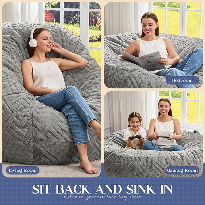 Hobestluk Bean Bag Chairs Adults Beanbag Chair with Filler Large Bean Bags with Fluffy Embossed Cover, Giant Bean Bag Chairs for Adults (Grey, 4FT - 44” x 44” x 24”)
