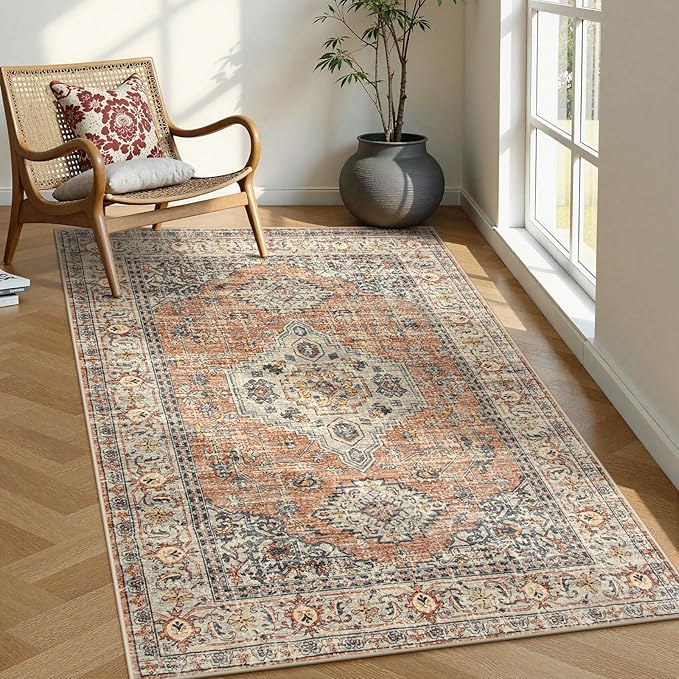 Lahome Oriental Washable Rugs for Living Room, 4x6 Bedroom Area Rug Ultra-Thin Soft Non Slip Stain Resistant Vintage Throw Carpet for ‎Office Dining Room, Peach/Orange