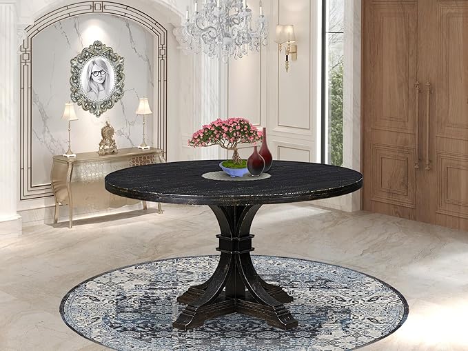 I57-11-TP Mid-century Table with Acacia Wood Round Tabletop and Stylish Pedestal Base - Sand Blasted Black Finish