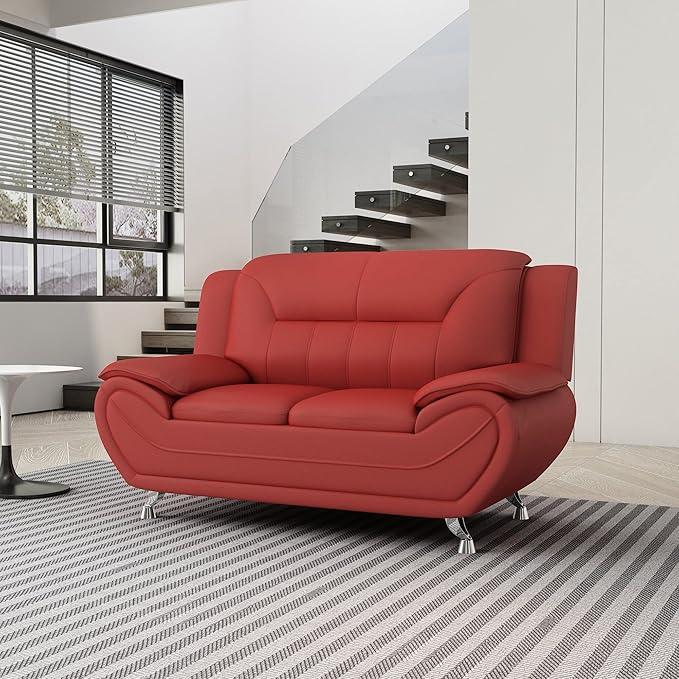 Container Furniture Direct Michael Modern Faux Leather Upholstered Stainless Steel Legs Living Room Sofa, Loveseat, Red