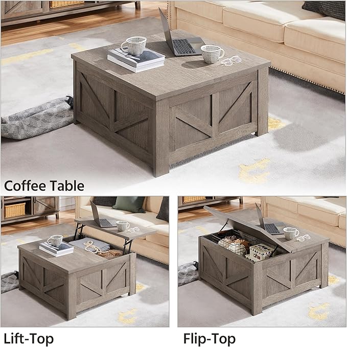 Yaheetech Lift Top Coffee Table, Square Farmhouse Coffee Table with Hidden Storage Compartment, Wood Center Table for Living Room, Home Office, Gray