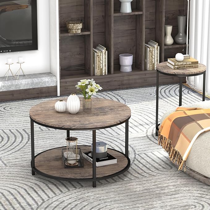 Round Coffee Table, Rustic Wooden Surface Top & Sturdy Metal Legs Industrial Sofa Table for Living Room Modern Design Home Furniture with Storage Open Shelf (Walnut, 25.6 in)