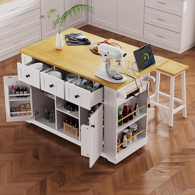 YOTPO 53" Large Kitchen Island with Drop Leaf,Power Outlet & Door Internal Storage Rack,Rolling Kitchen Cart on 5 Wheels W/ 5 Open Side Racks for Kitchen,Dining Room,White(Not Include bar stools)