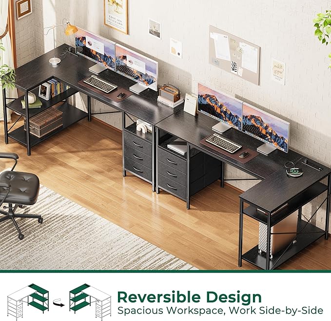 Huuger L Shaped Office Desk with Power Outlets, 55 Inch Computer Desk with 3 Drawers, Shelves, Reverisble for Gaming Corner Work Home Office Study, Black