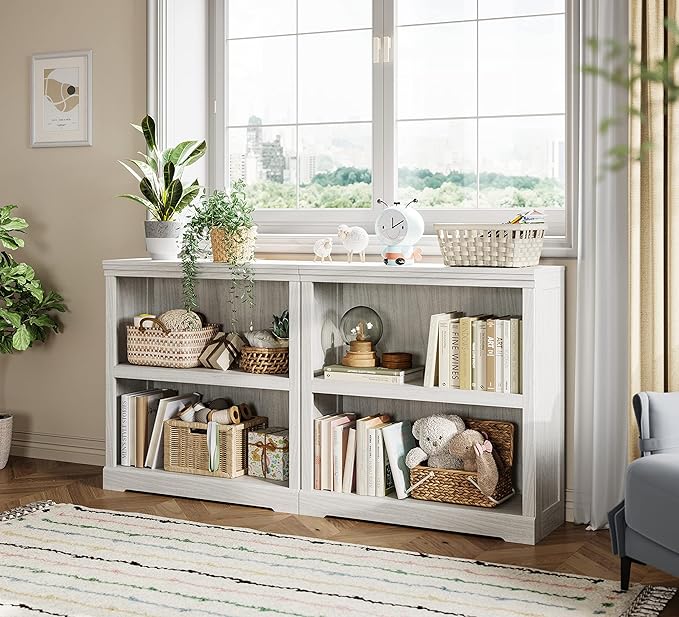 LINSY HOME 2-Tier Bookcase and Bookshelf, Small Wood Display Storage Shelves Farmhouse Bookshelf for Home Office, Living Room, Bed Room - White Oak