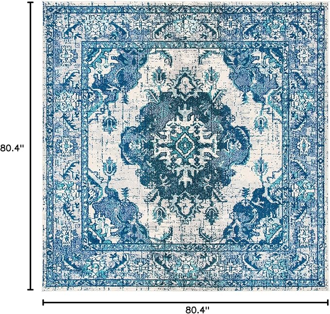 SAFAVIEH Monaco Collection Area Rug - 6'7" Square, Ivory & Blue, Boho Chic Medallion Distressed Design, Non-Shedding & Easy Care, Ideal for High Traffic Areas in Living Room, Bedroom (MNC243A)