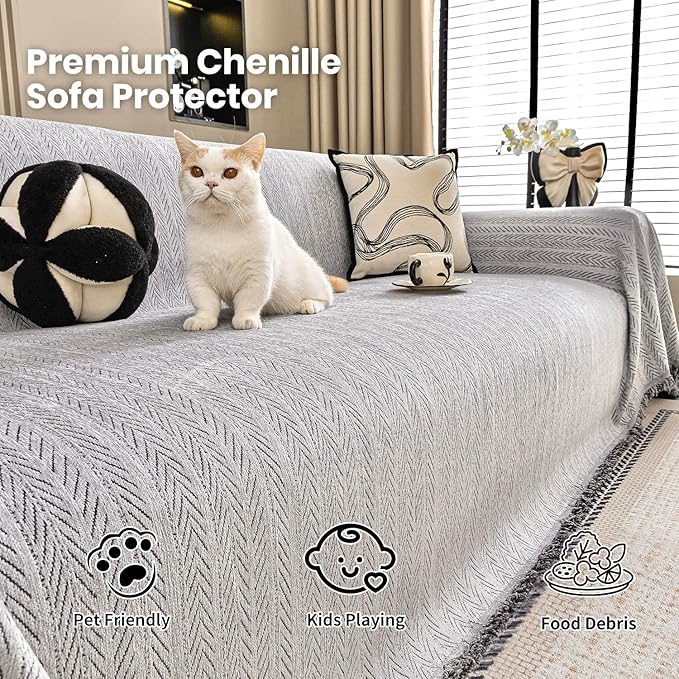 Nobildonna Sofa Cover Washable Soft Thicken Chenille Couch Cover with Tassel,Waterproof Sofa Slipcover for 3-4 Cushion Couch,Sectional Sofa,L-Shaped Furniture Protector Pet-Friendly,Gray 71"x150"