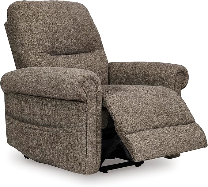 Signature Design by Ashley Aureta Classic Stain Resistant Power Lift Recliner with Side Pocket, Heat and Massage, Dark Brown