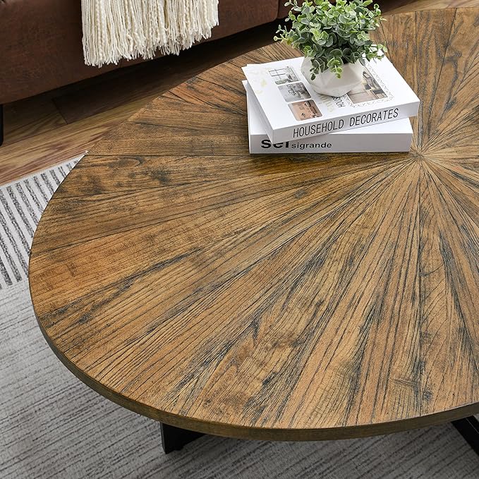 Solid Wood Oval Coffee Table with Cross Metal Legs, 47.9" Industrail Bar Cocktail Table for Living Room Kitchen Office Sofa Table Bristro Table for Cafe/Bar Rustic Brown 1831