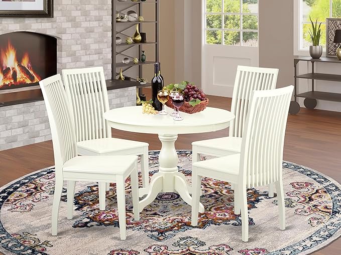East West Furniture HBIP5-LWH-W 5 Piece Dining Room Table Set Includes a Round Dining Table with Pedestal and 4 Wood Seat Chairs, 42x42 Inch, Linen White