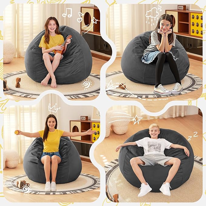 HABUTWAY 2FT Bean Bag Chair, 2' Beanbags Small Bean Bag Chairs with Filling, Teardrop Bean Bag Chair Luxurious Velvet Ultra Soft Fur with Removable Cover (Grey)