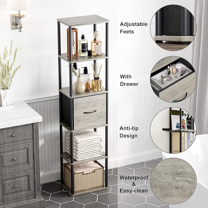 6-Tier Bookshelf with Drawer, Narrow Bookshelves Organizer, Floor Standing Ladder Shelf,Tall Bookcase for Small Space, Book shelf with Storage for Living Room, Bedroom, Office, Study Light Oak HBC505Z