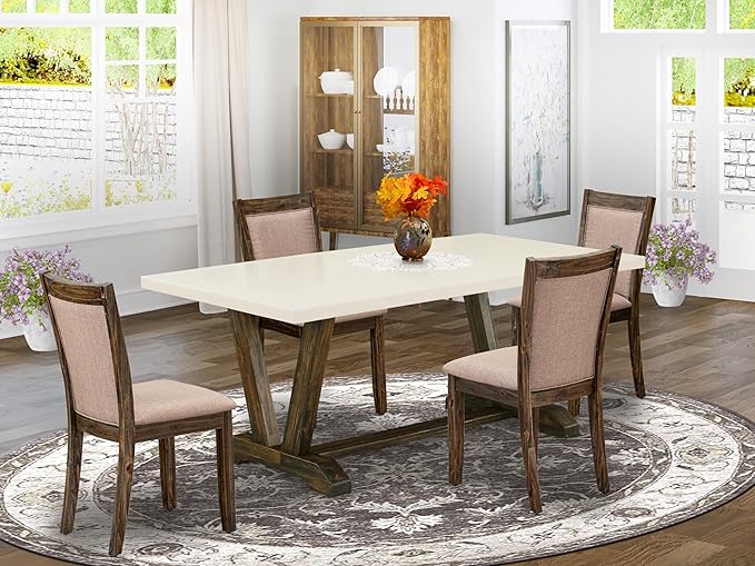 East West Furniture V727MZ716-5 5 Piece Dining Table Set for 4 Includes a Rectangle Kitchen Table with V-Legs and 4 Dark Khaki Linen Fabric Parson Dining Chairs, 40x72 Inch, Multi-Color