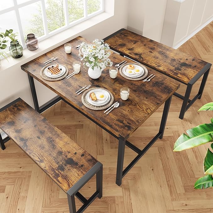 Dining Table Set for 4 with 2 Benches, 3-Piece Kitchen Table Set, Space-Saving Dining Set for Kitchen, Dining Room, Brown