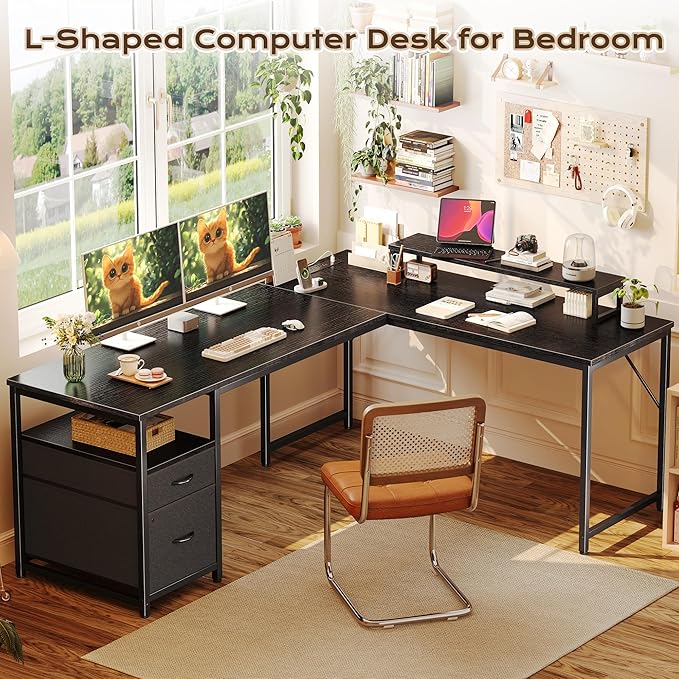 PRAISUN 63 Inch L Shaped Desk with Power Outlets and USB-C Port, Computer Corner Home Office Desk with File Fabric Drawers and Movable Monitor Stand, Larger Storage, Gaming, Writing, Work, Black