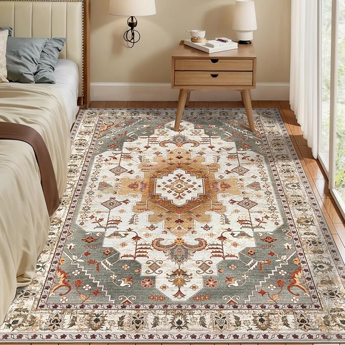 Tangsoo 4x6 Area Rug, Vintage Turmeric, Machine Made Geometric, Indoor, Foldable Non Slip Washable Shed Resistant, 0.35 Inch Pile, Rectangular, Bedroom Bathroom Living Room Entryway