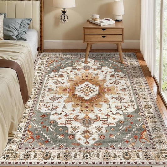 Tangsoo 4x6 Area Rug, Vintage Turmeric, Machine Made Geometric, Indoor, Foldable Non Slip Washable Shed Resistant, 0.35 Inch Pile, Rectangular, Bedroom Bathroom Living Room Entryway