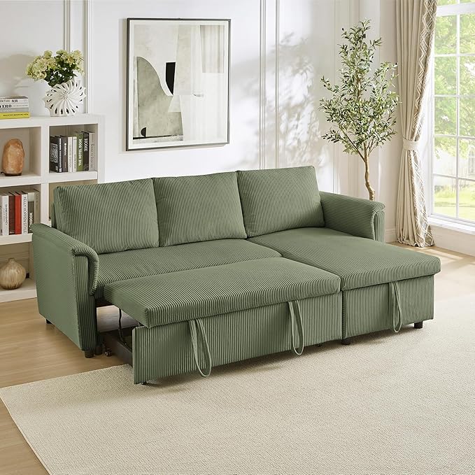 Ball & Cast Reversible Sectional Sofa Couch,L-Shape Sleeper Sofa Bed with Storage Chaise Pull Out Couch for Living Room | Hidden Storage | Pull Out Bed | Removable Backrest | Corduroy Fabric,Green
