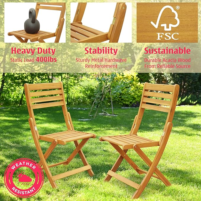 Tranquillo Anya Acacia Wood Folding Chairs Set of 2 – 400lbs Capacity, No Assembly Needed, Indoor & Outdoor Wooden Foldable Dining Chairs, Space-Saving & Portable Design for Home & Events